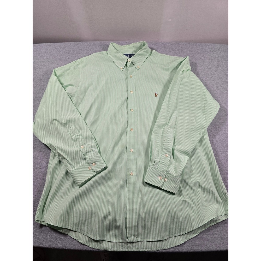 Ralph Lauren Mens Custom Fit Button Down Shirt Green White Stripe 18 34/35 XL
